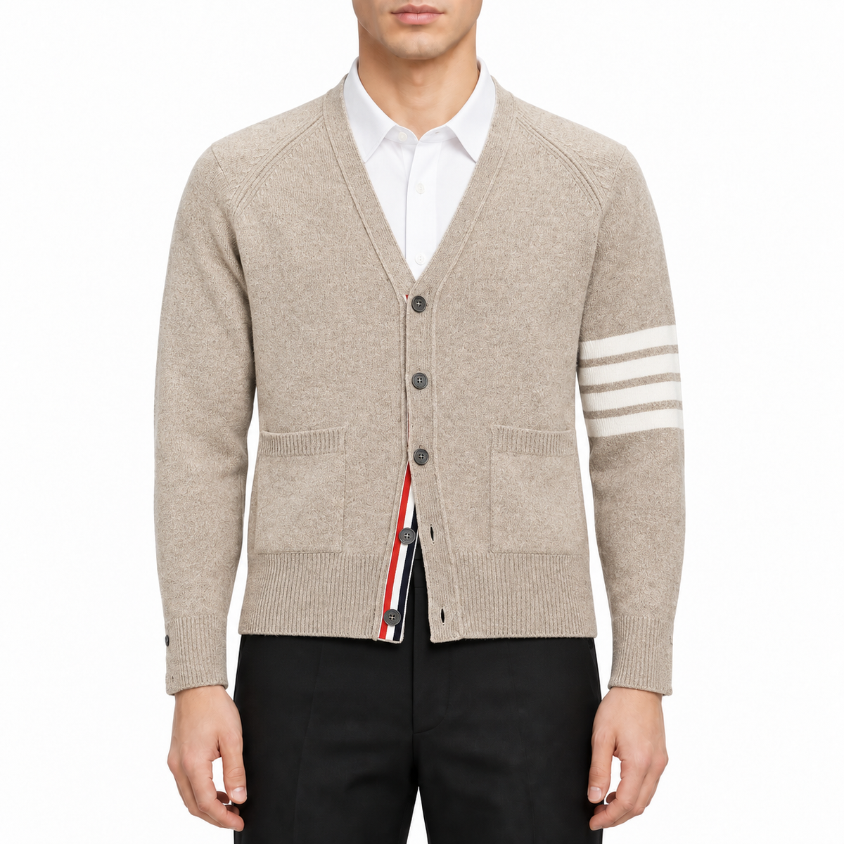 4 - Bar Premium Cotton V - Neck Cardigan - Classic Khaki Knit | Thom Browne