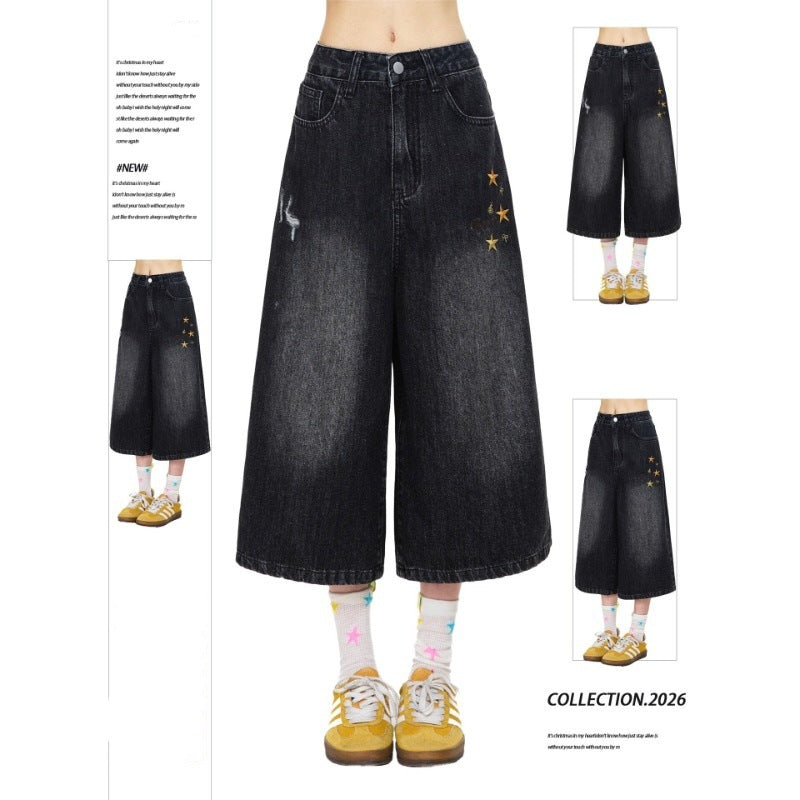 Vintage Wash Star Embroidered Denim Shorts Loose Wide Leg Capri Jeans