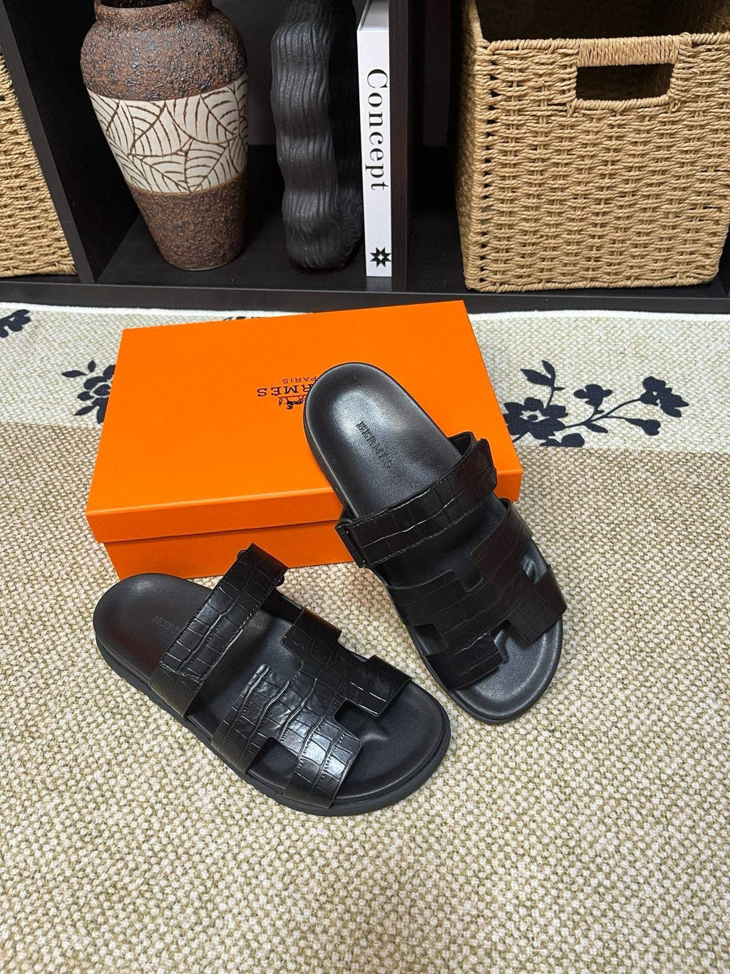 Hermes Men's Kazimir Black Slide Sandals
