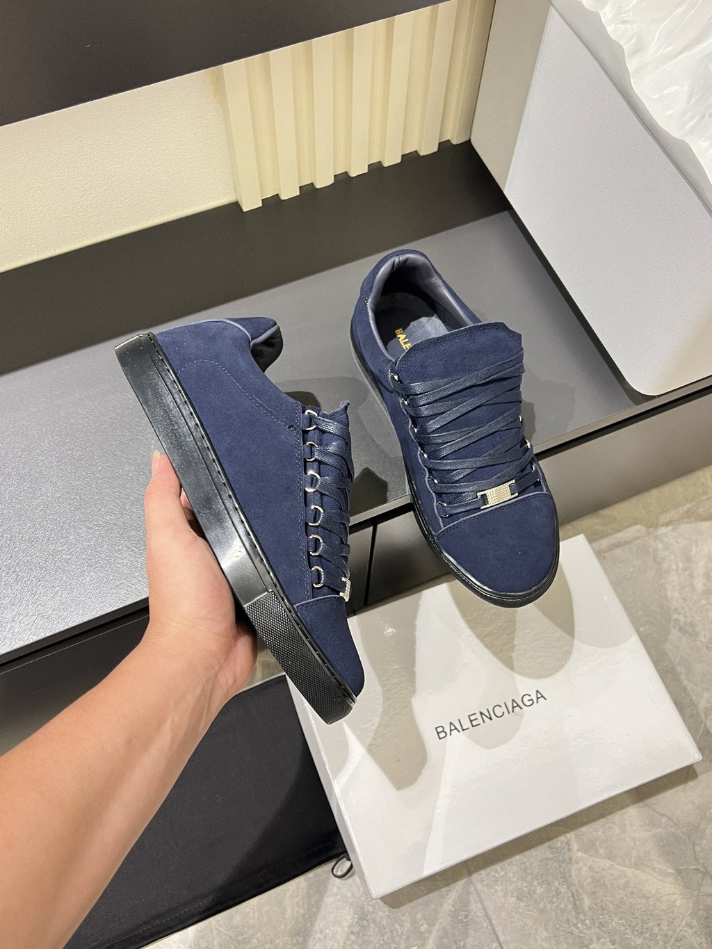 Balenciaga Navy Blue Textured Low-Top Sneakers