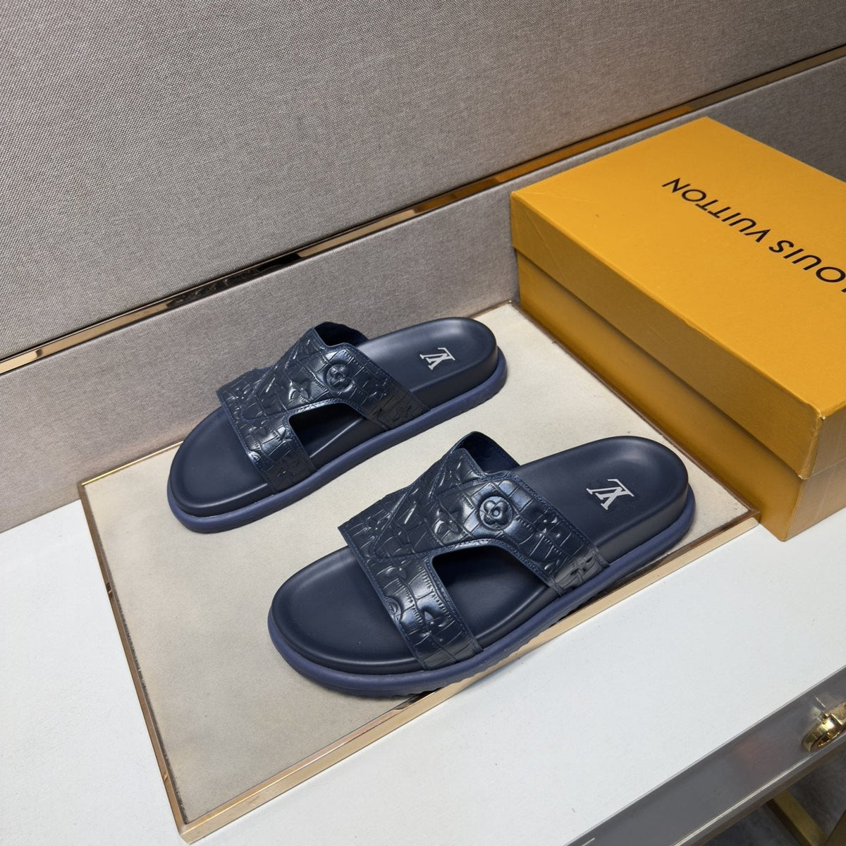 Louis Vuitton Men's Textured Monogram Slide Sandals